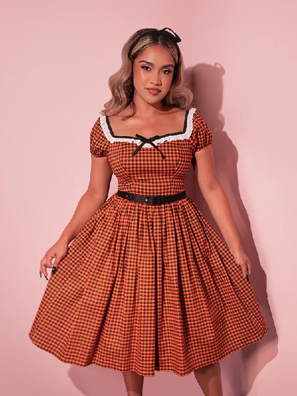 Bardot Beauty Swing Dress in Orange Pumpkin Gingham - Vixen by Micheline Pitt