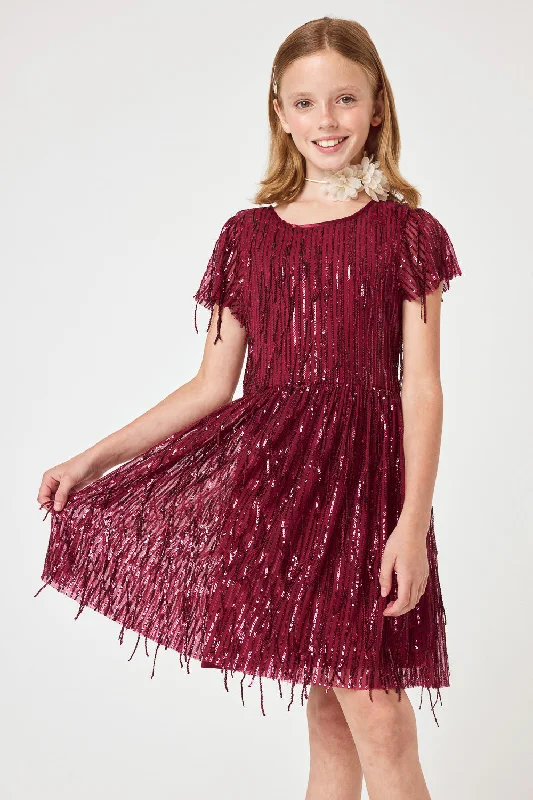 Kids Burgundy Dangle Sequin Dress