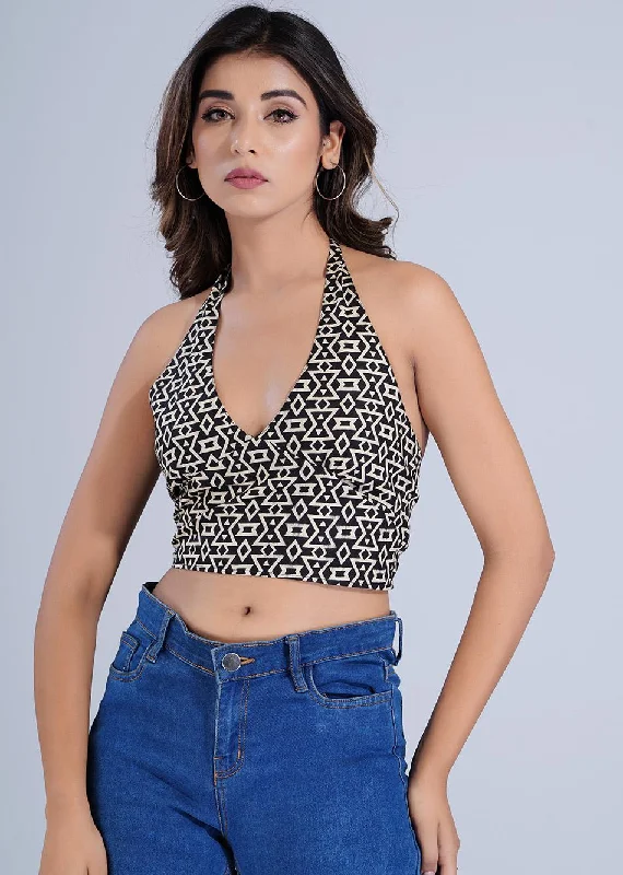 Black Printed Halter Neck Top