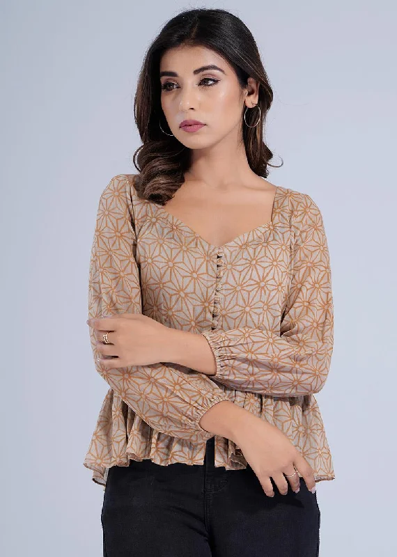 Brown Printed Potli Button Crop Shirt