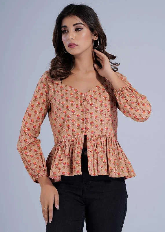 Orange Printed Potli Button Crop Shirt