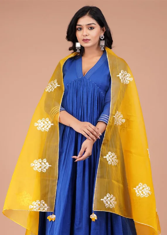 Blue Gathered Anarkali with Organza Dupatta