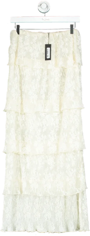 PrettyLittleThing Cream Tiered Lace Maxi Skirt UK 10