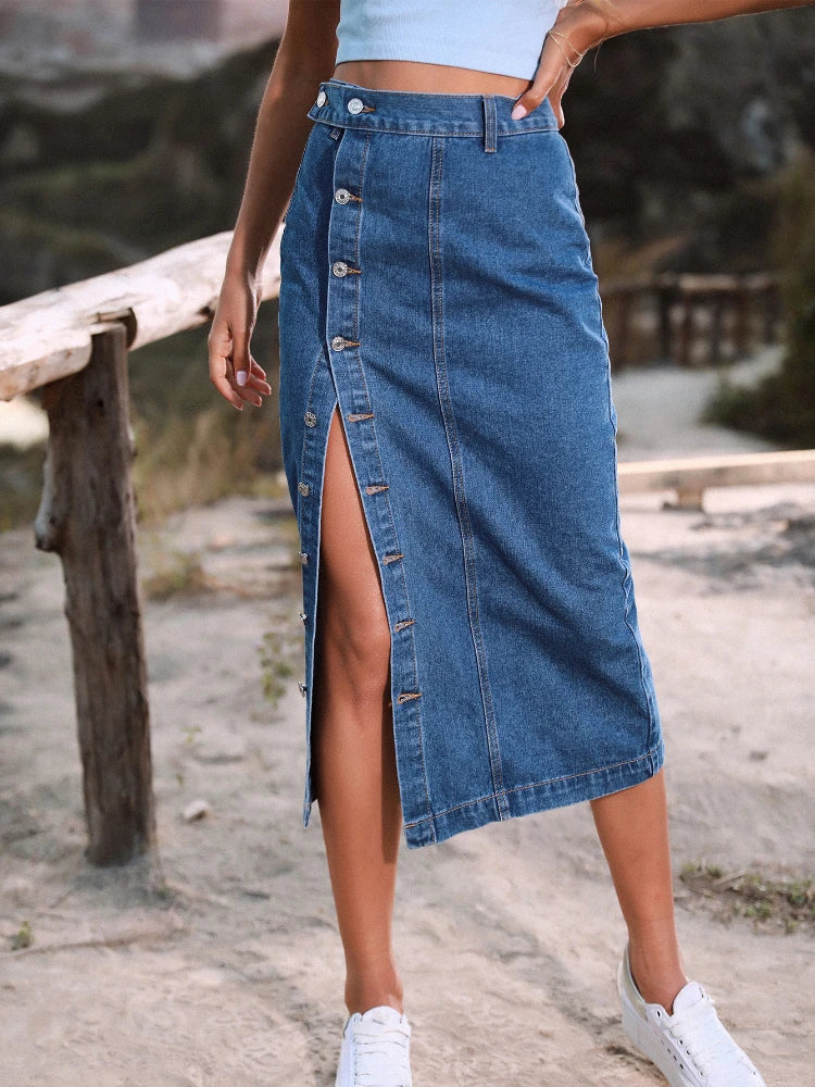 Women's Denim Fashion Designer High Waist Button Split Skirts (Midi)