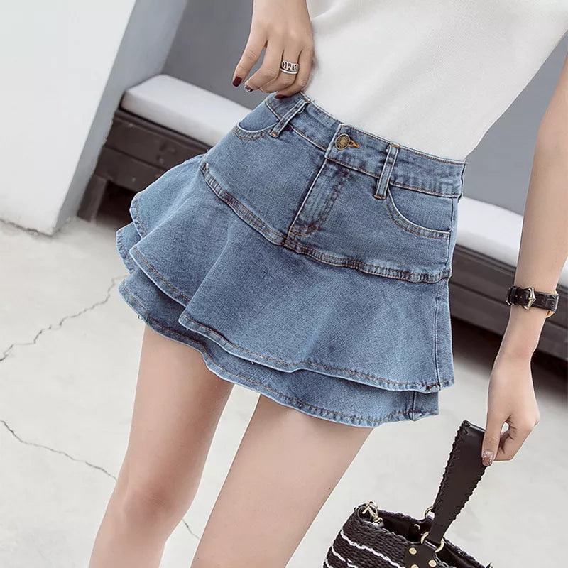 Women's Denim Fashion Designer Ruffled Trim Mini Skirts (Short)