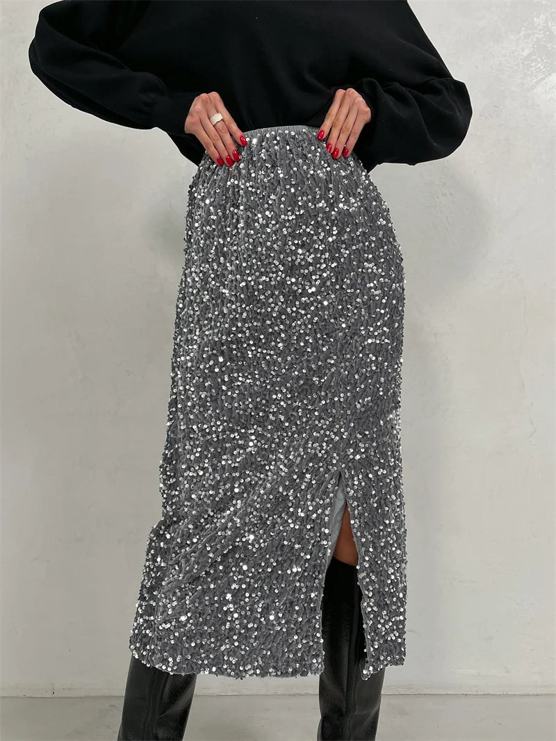 Women's Split Fashion Designer High Waist Sequin Skirts (Midi)