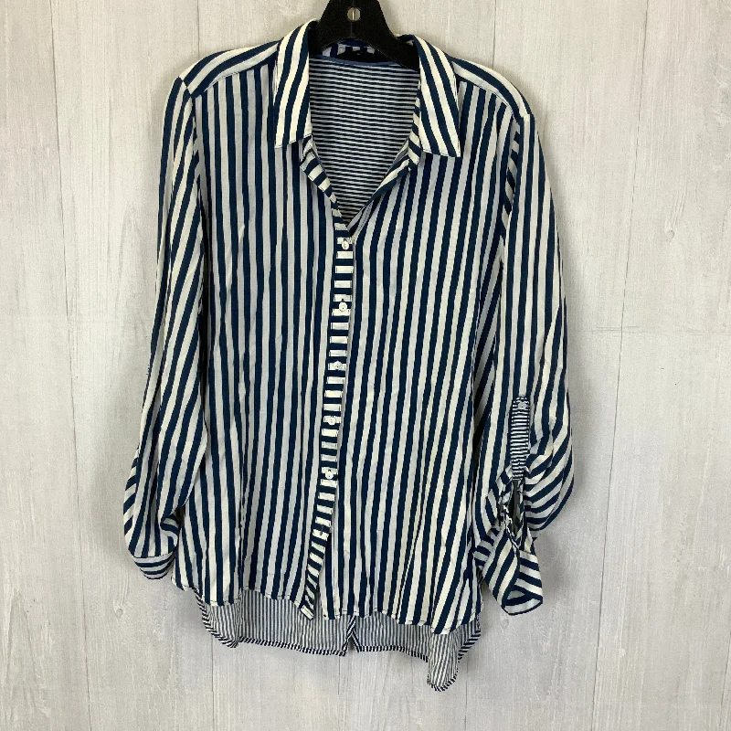 Blouse Long Sleeve By Jane And Delancey In Blue & White, Size: L