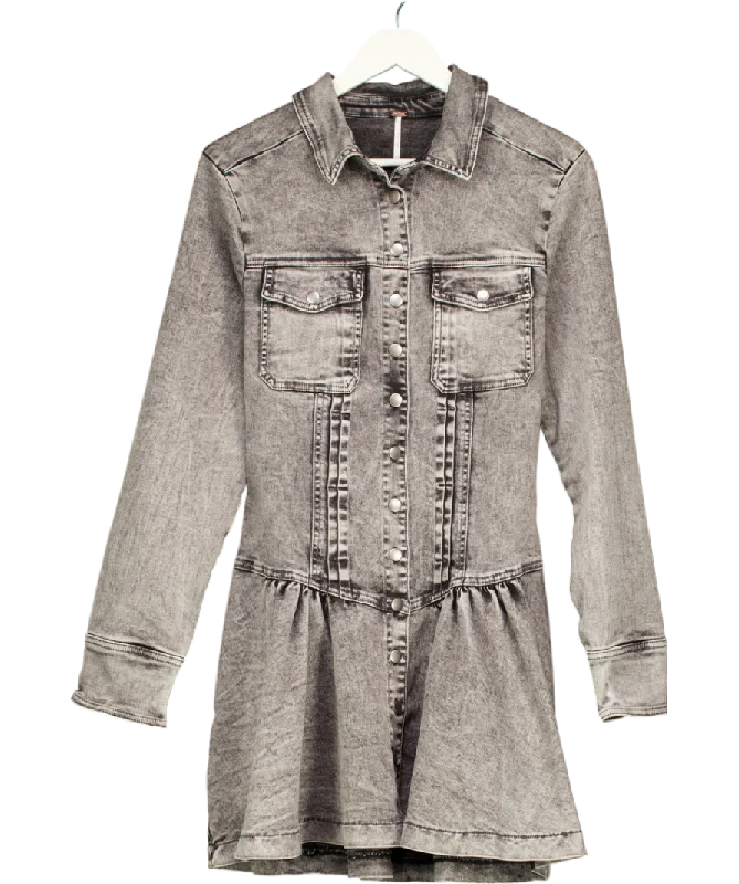 Free People Grey Roadhouse Denim Shirt Mini Dress UK M