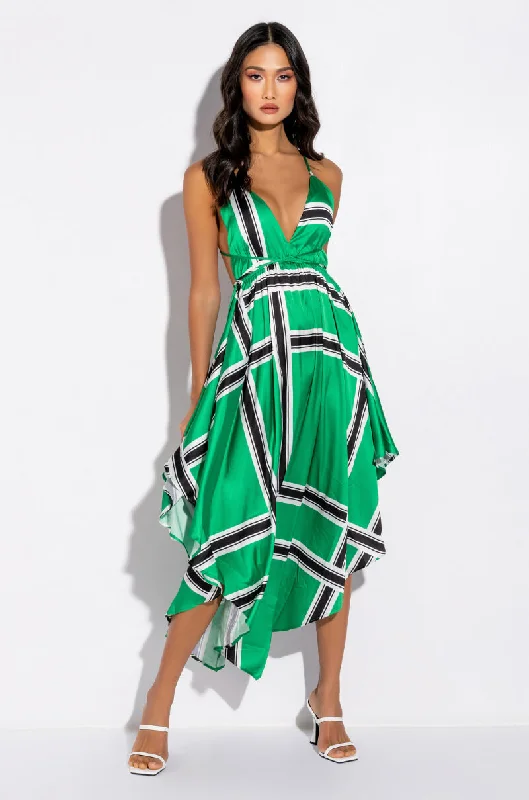 OUT OF MY WAY SATIN GRID MIDI DRESS