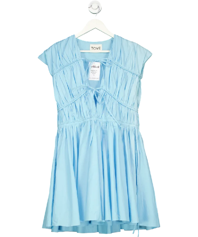 TOVE Blue Ceres Tie-detailed Cotton-poplin Mini Dress UK 6