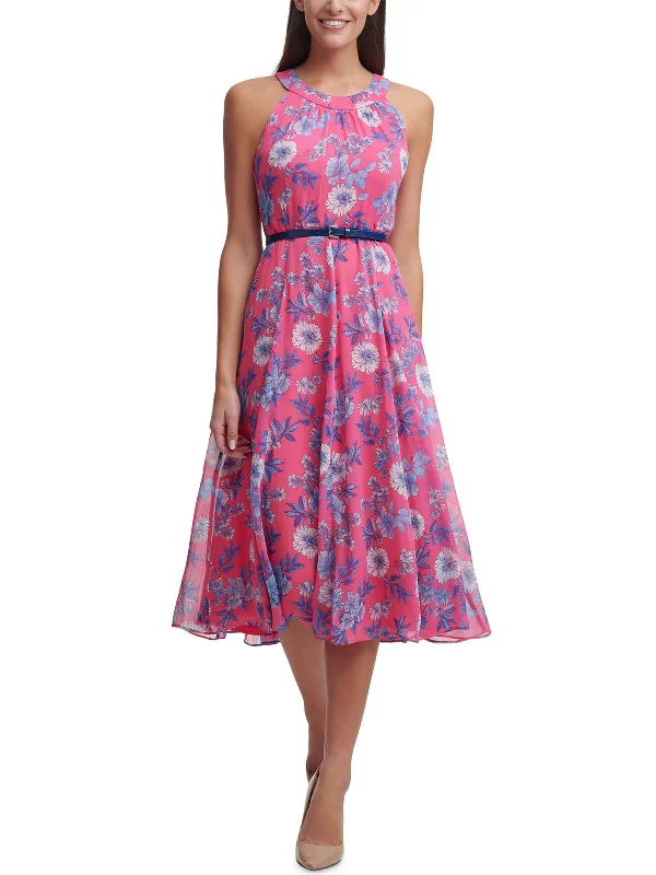 Womens Floral Print Sleeveless Midi Dress