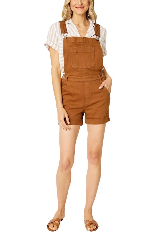 High Waist Overall Denim Short In Dyed Brown