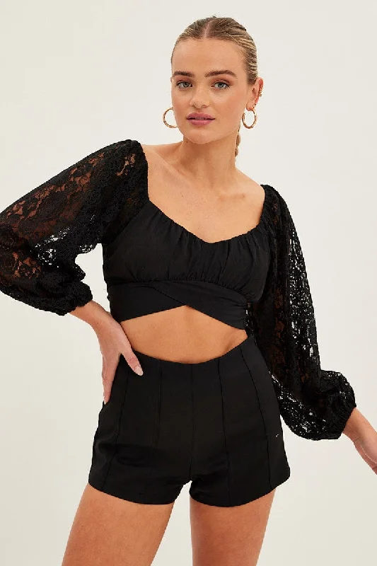 Black Crop Top Long Sleeve Sweetheart Neckline Lace