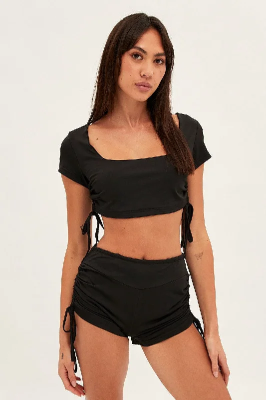 Black Crop Top Ruched Loungewear Set