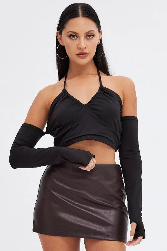 Black Halter Top Long Sleeve Crop Top