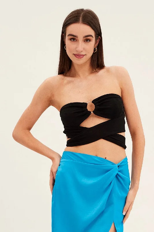 Black Ring Detail Strapless Crop Top