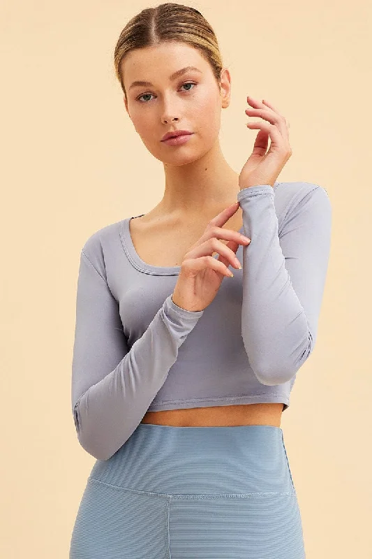 Blue Crop Top Smooth Long Sleeve Scoop Neck