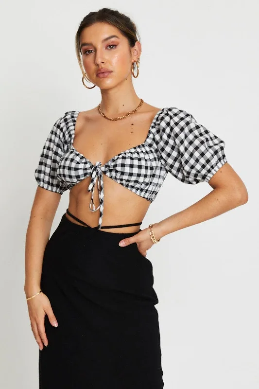 Check Crop Top Short Sleeve Tie Up