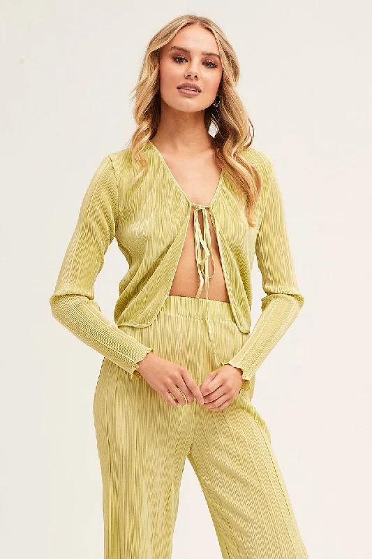 Green Plisse Top Tie Front Long Sleeve