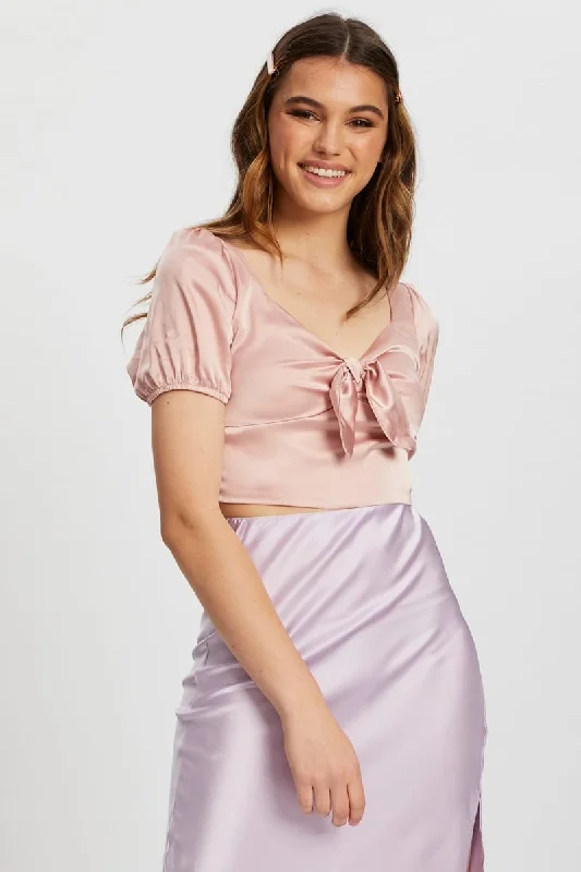 Pink Satin Puff Sleeve Crop Top